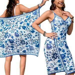 Women's Blue Floral Print Kimono Cover Up Swimwear Beach Wrap Dress